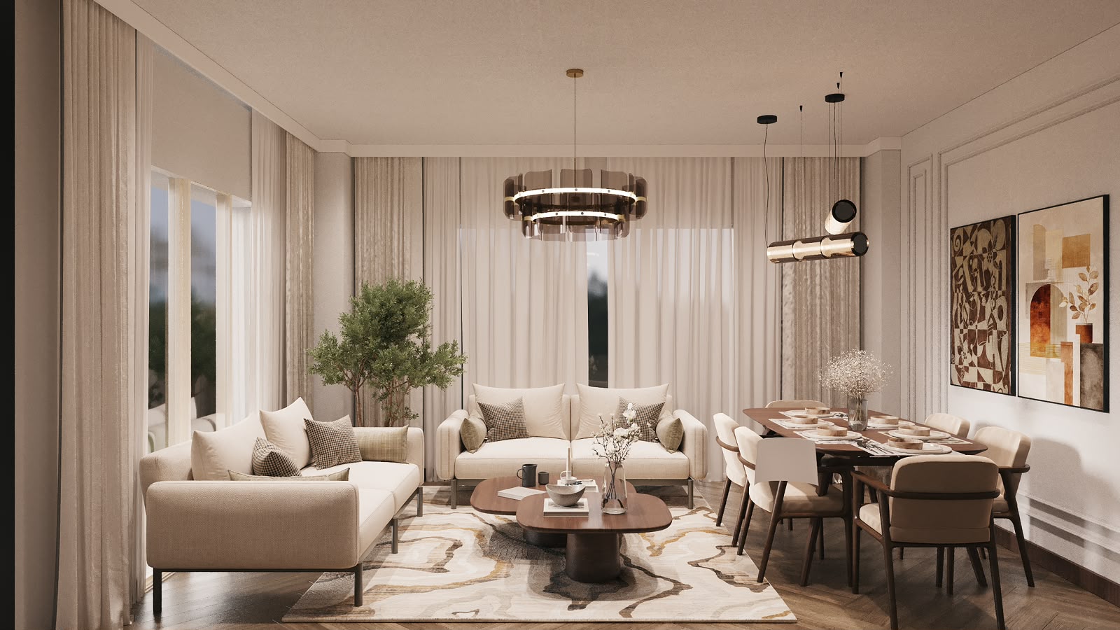 DNZ Blue Life Salon · oturma ve yemek alanı renderı