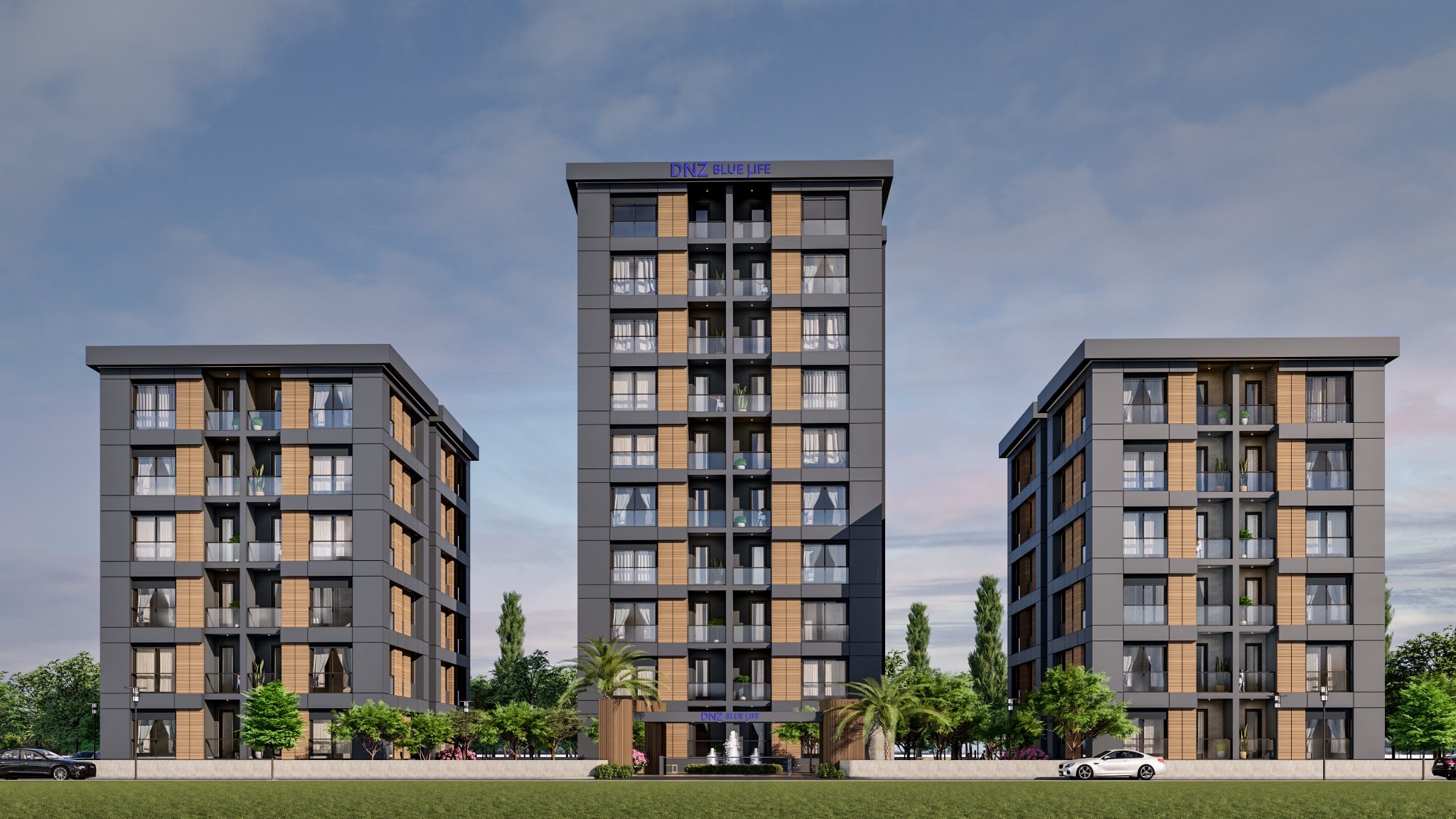 DNZ Blue Life Dış cephe · üç blok genel görünüm renderı